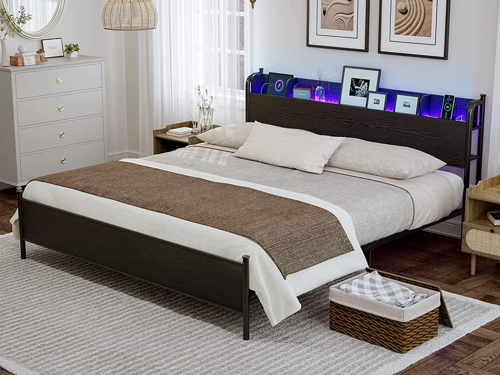 Black Twin XL LED Bed Frame with Storage Headboard and USB Ports Y911818