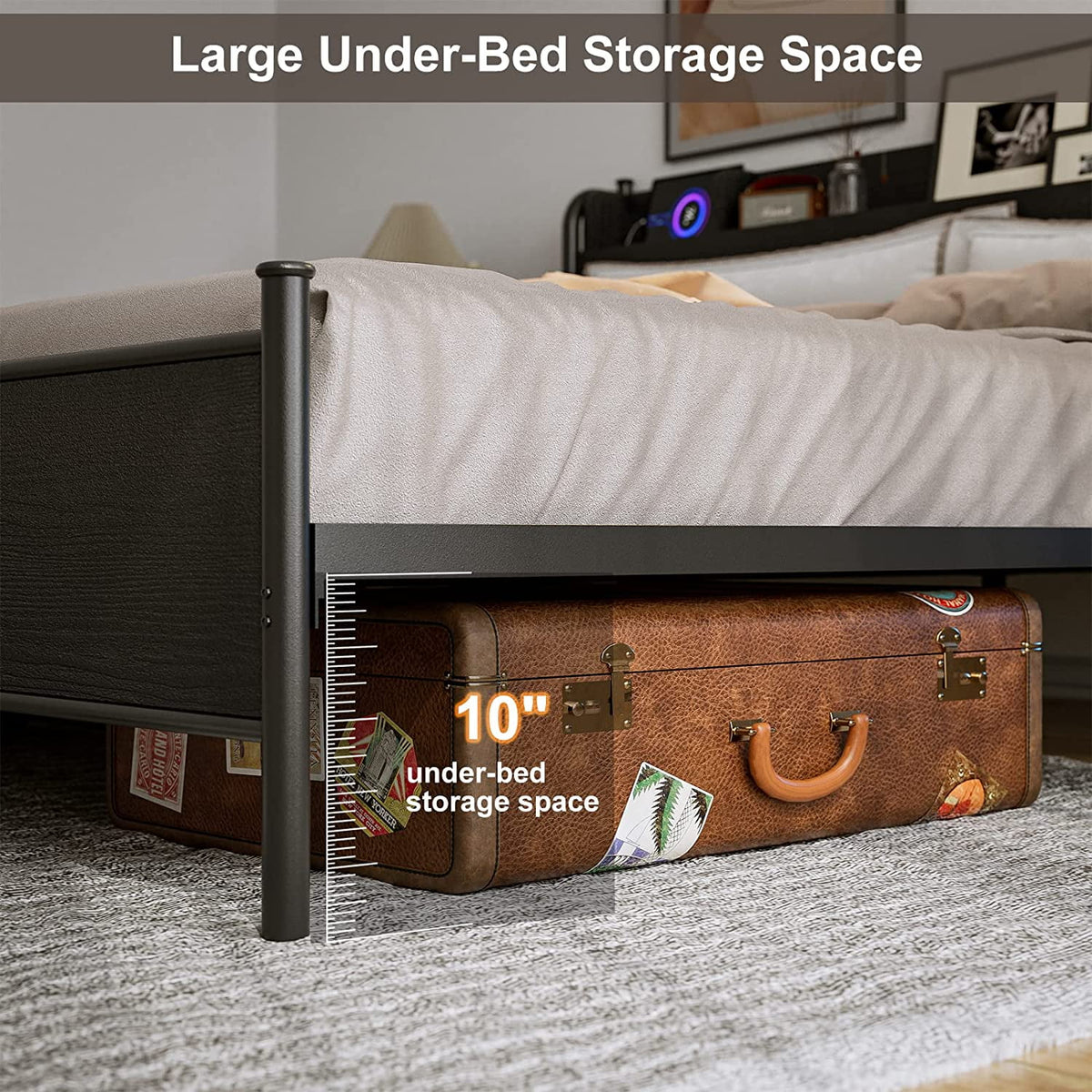 Black Twin XL LED Bed Frame with Storage Headboard and USB Ports Y911818