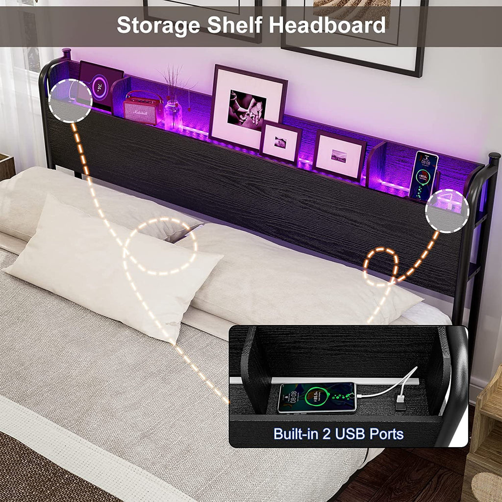Black Twin XL LED Bed Frame with Storage Headboard and USB Ports Y911818