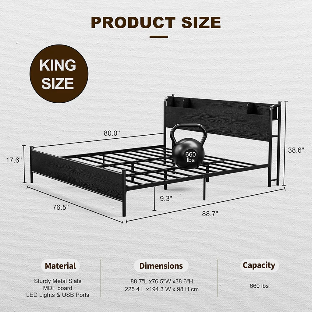 Black Twin XL LED Bed Frame with Storage Headboard and USB Ports Y911818