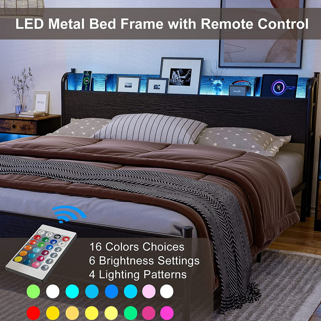Black Twin XL LED Bed Frame with Storage Headboard and USB Ports Y911818