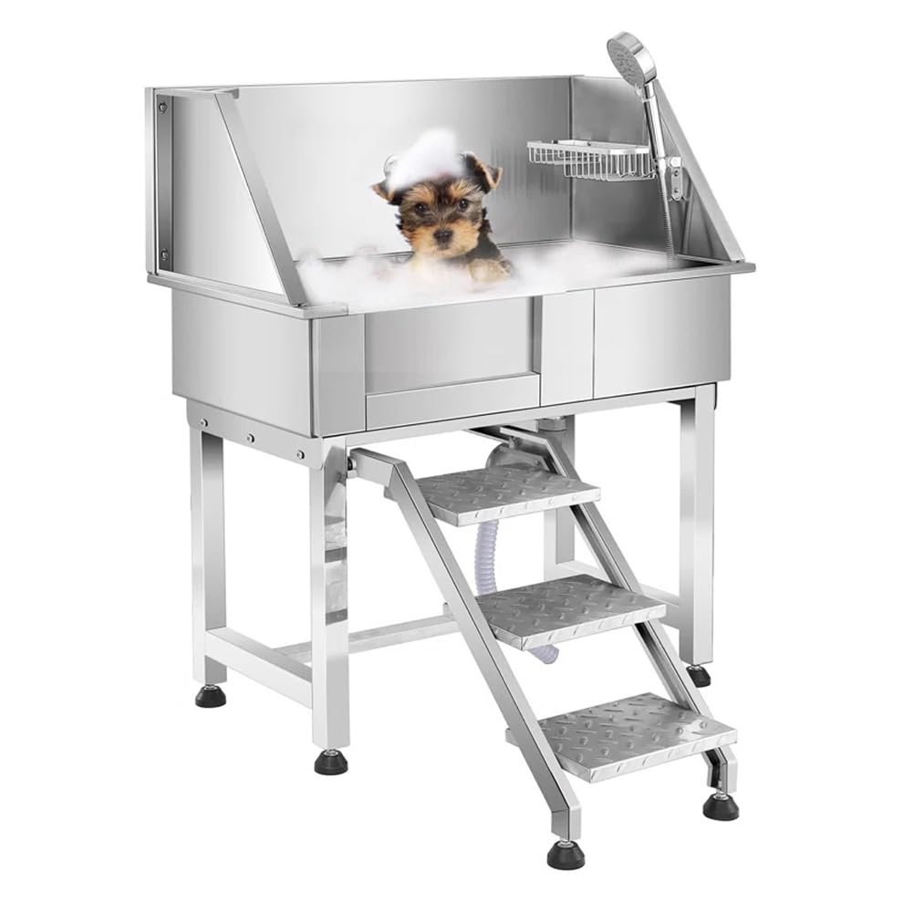 34" Stainless Steel Pet Dog Grooming Bath Tub with Walk-in Stairs L895