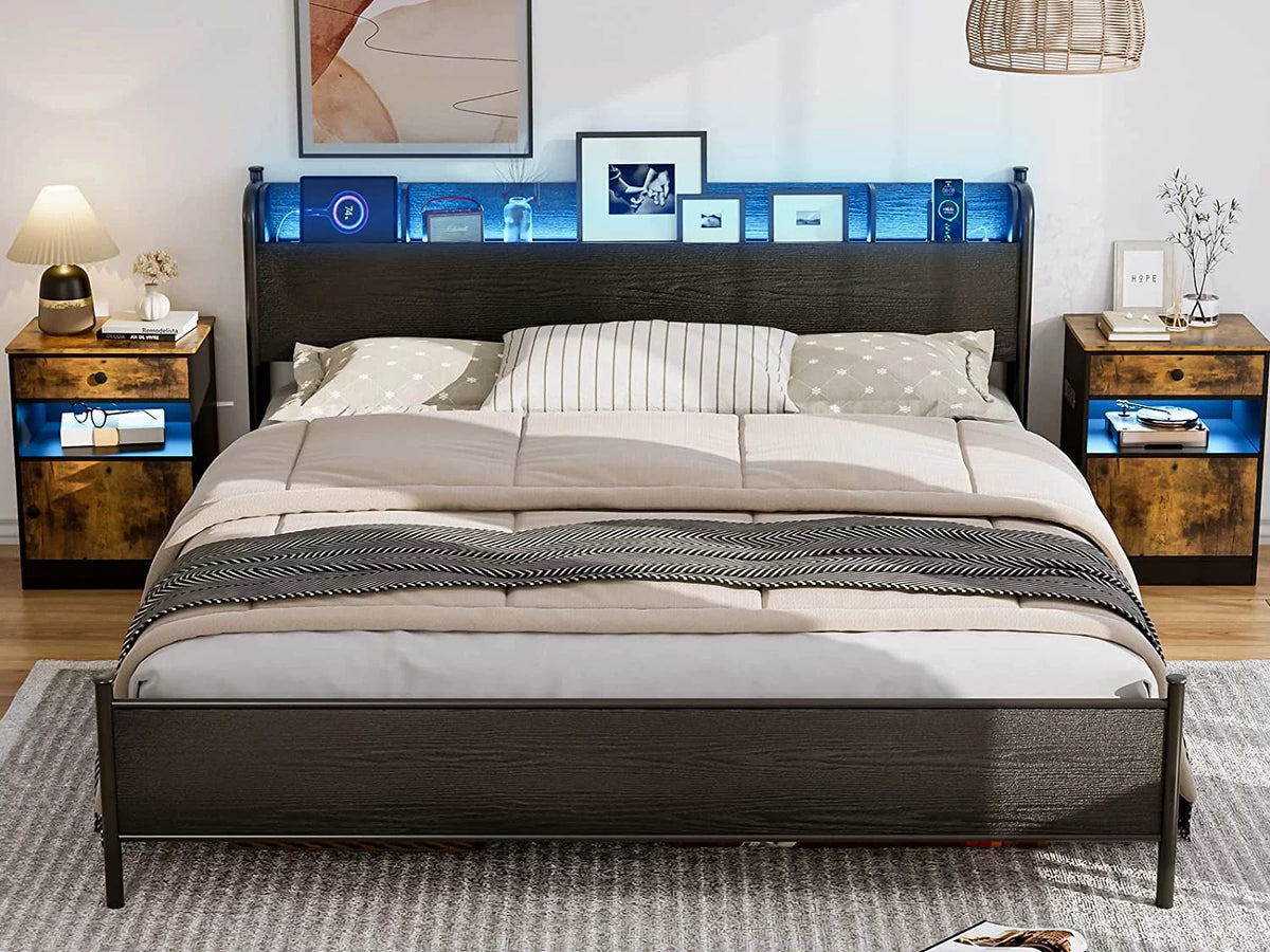 Black Twin XL LED Bed Frame with Storage Headboard and USB Ports Y911818