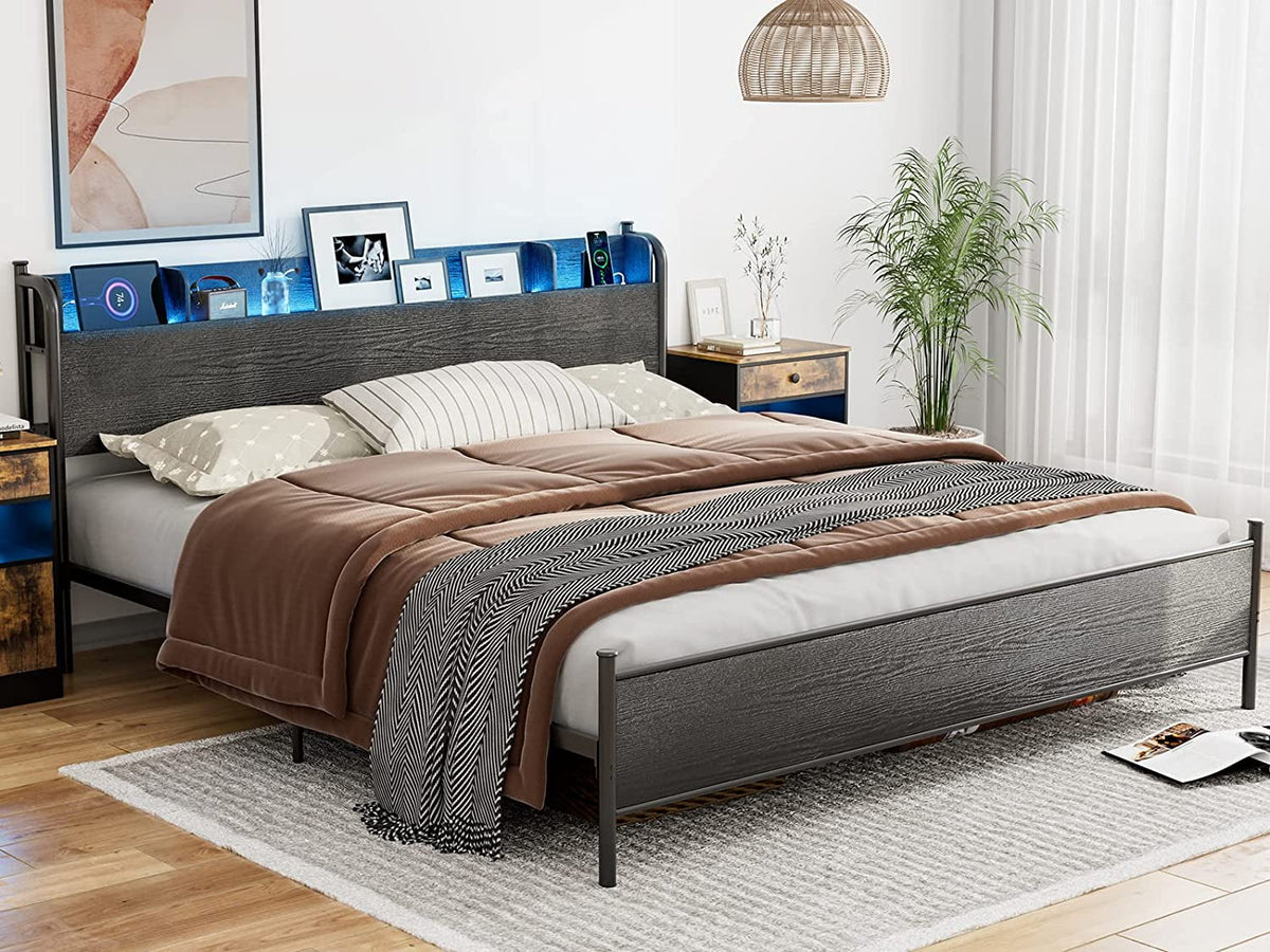 Black Twin XL LED Bed Frame with Storage Headboard and USB Ports Y911818