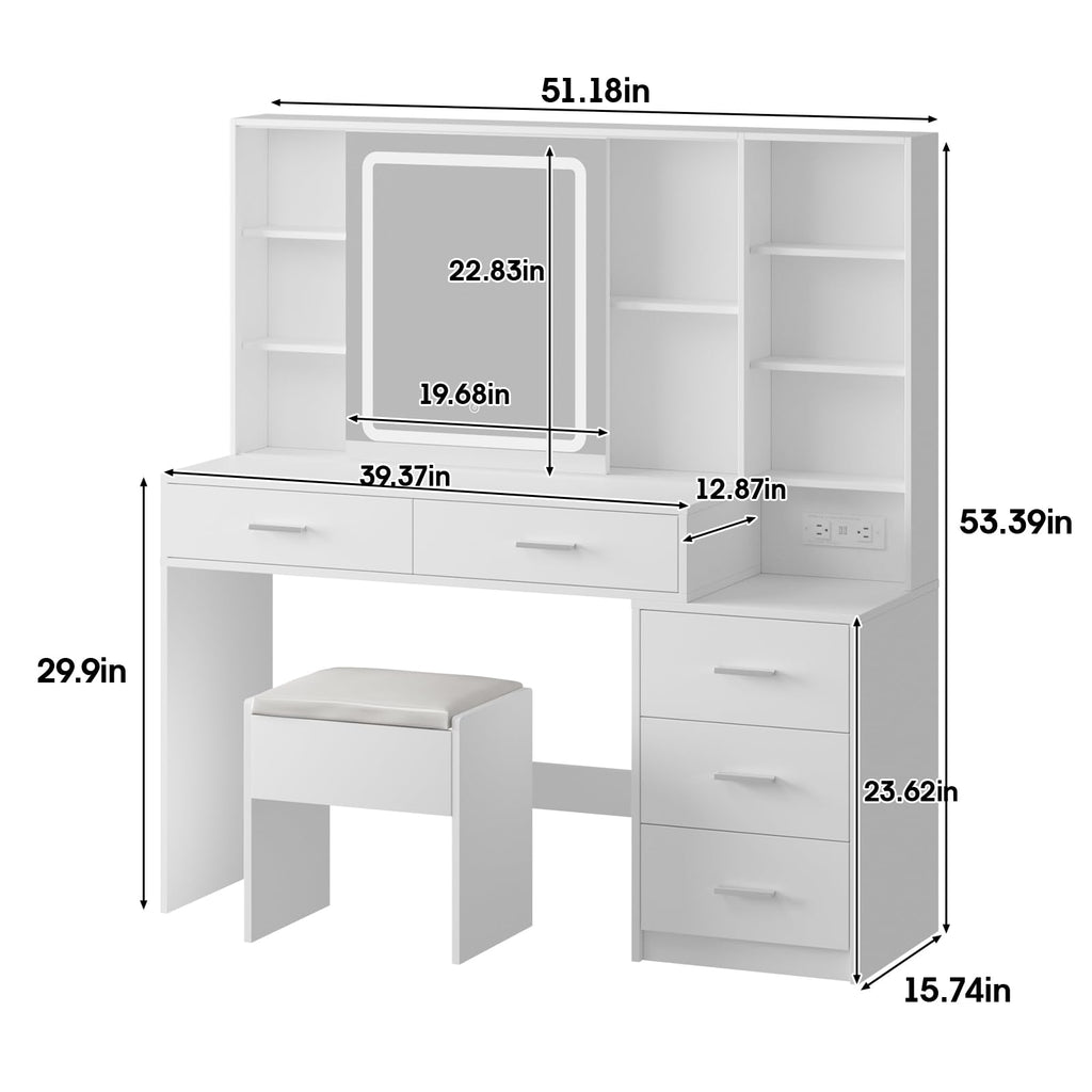 White Vanity Desk with Lighted Sliding Mirror, 5 Drawers and Stool Set F183703