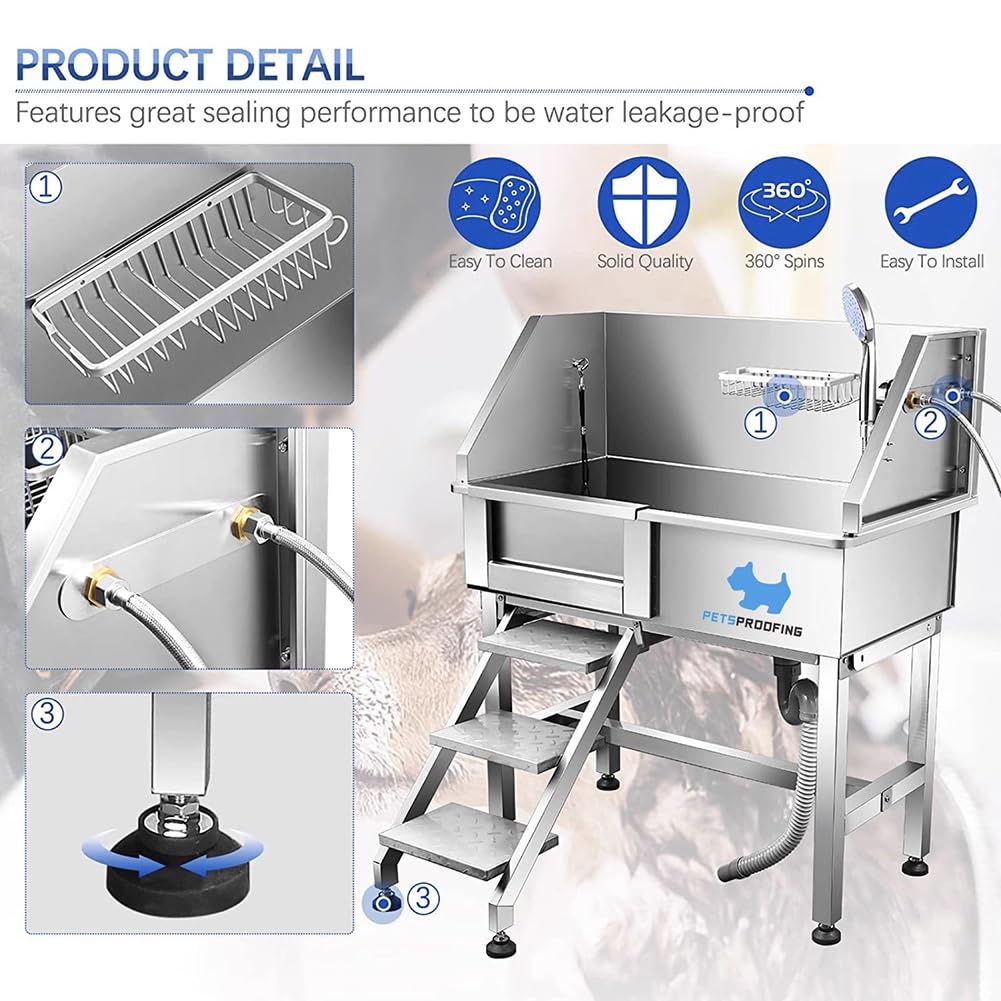 34" Stainless Steel Pet Dog Grooming Bath Tub with Walk-in Stairs L895