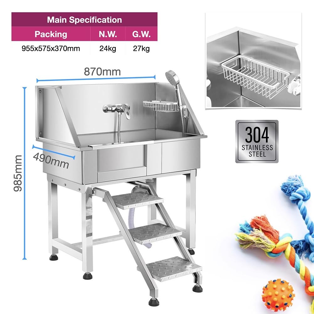 34" Stainless Steel Pet Dog Grooming Bath Tub with Walk-in Stairs L895
