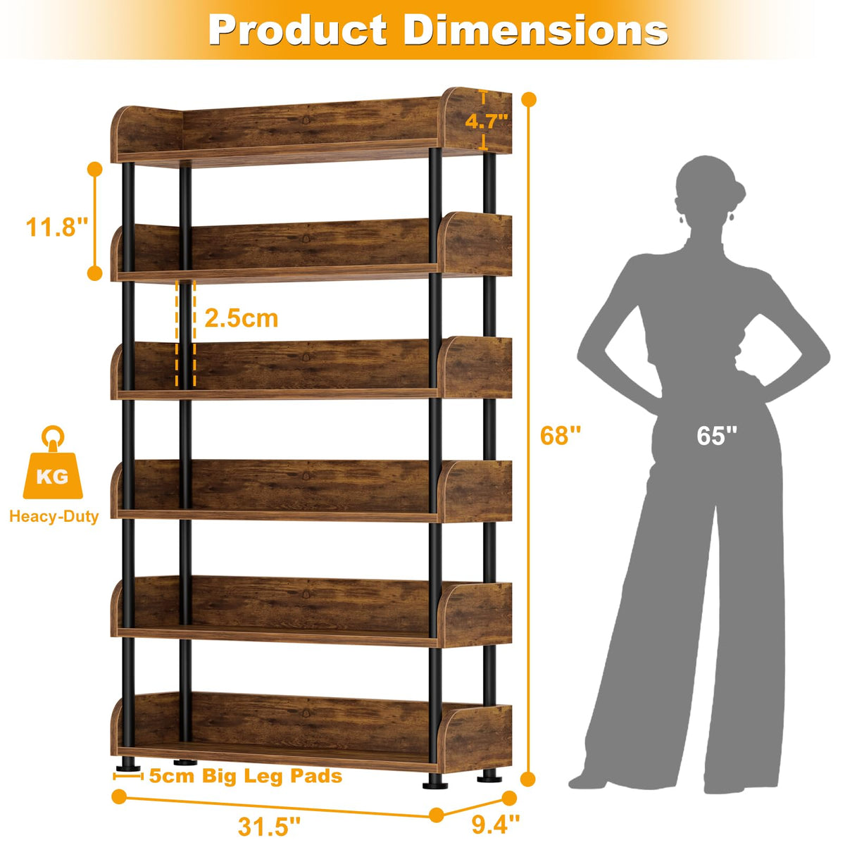 6-Tier Tall Open Bookshelf with Metal Frame Y555