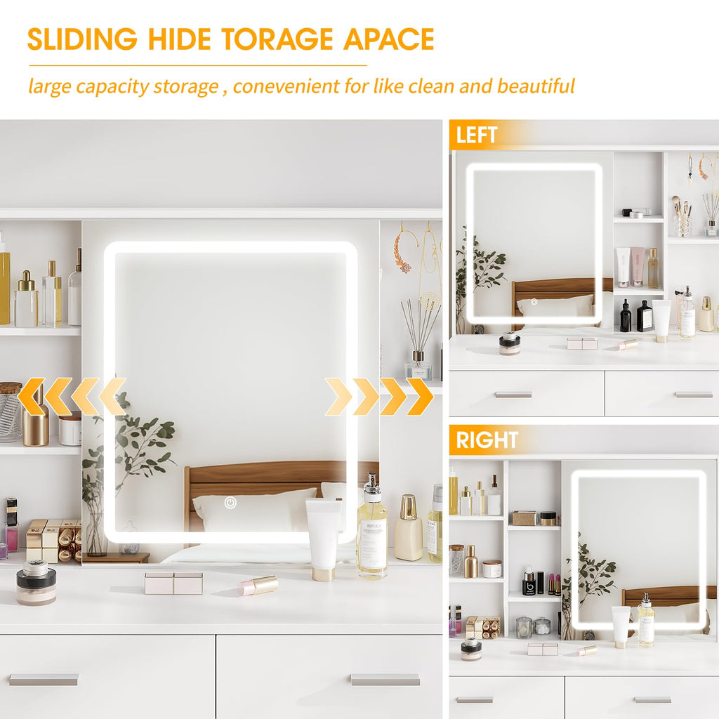 White Vanity Desk with Lighted Sliding Mirror, 5 Drawers and Stool Set F183703