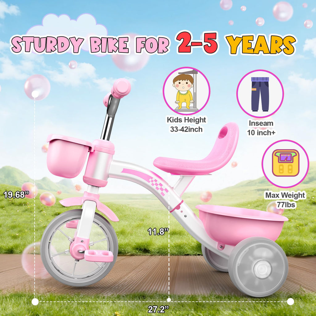 Pink Toddler Tricycle with Adjustable Seat and Light Wheels I535182
