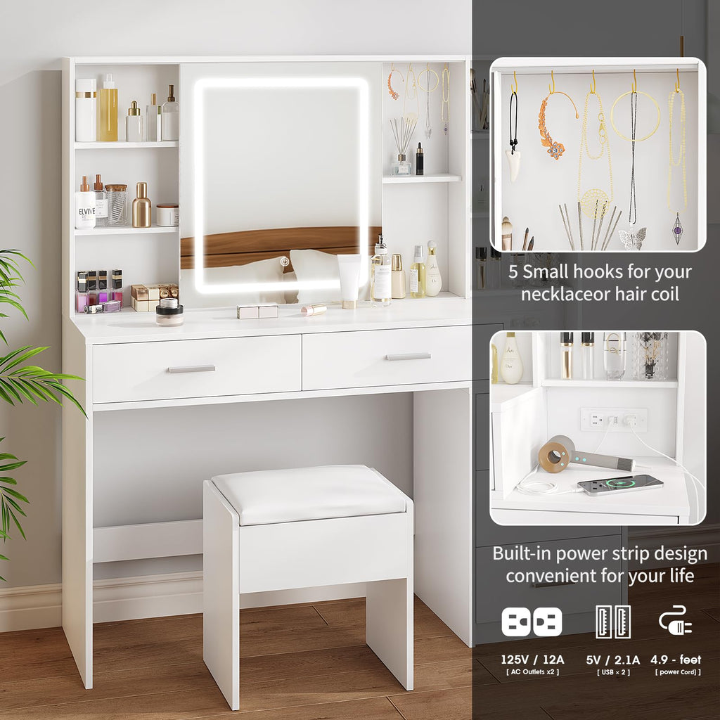 White Vanity Desk with Lighted Sliding Mirror, 5 Drawers and Stool Set F183703