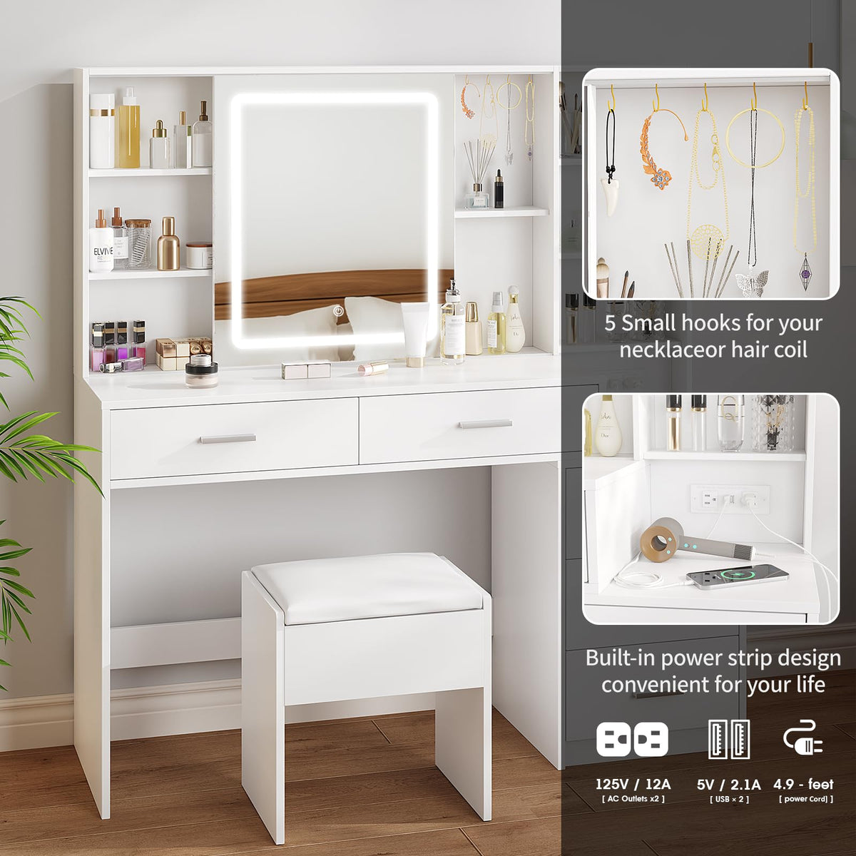 White Vanity Desk with Lighted Sliding Mirror, 5 Drawers and Stool Set F183703