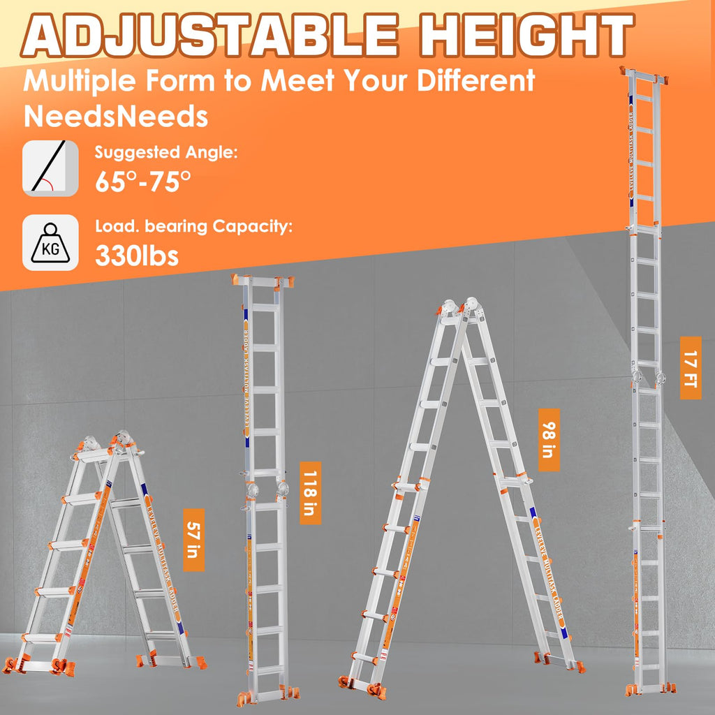 Telescoping A Frame Ladder, 17FT Multi Position Ladder with Stabilizer Bar & Wheels W3794