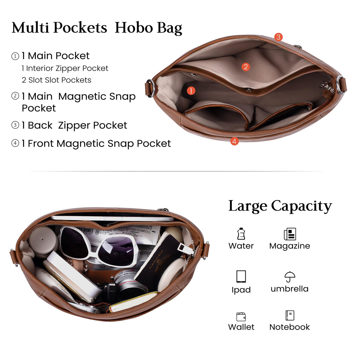 Genuine Leather Hobo Crossbody with 2 Detachable Straps K359958