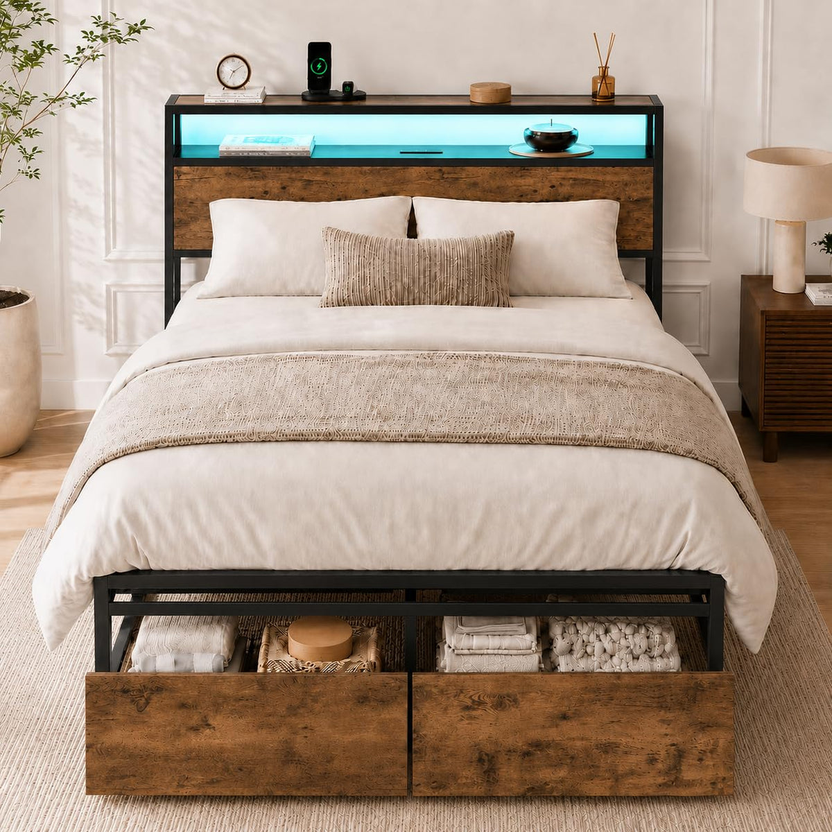 Full Size Bed Frame with Storage Drawers, Headboard, LED Light, Charging Station A200