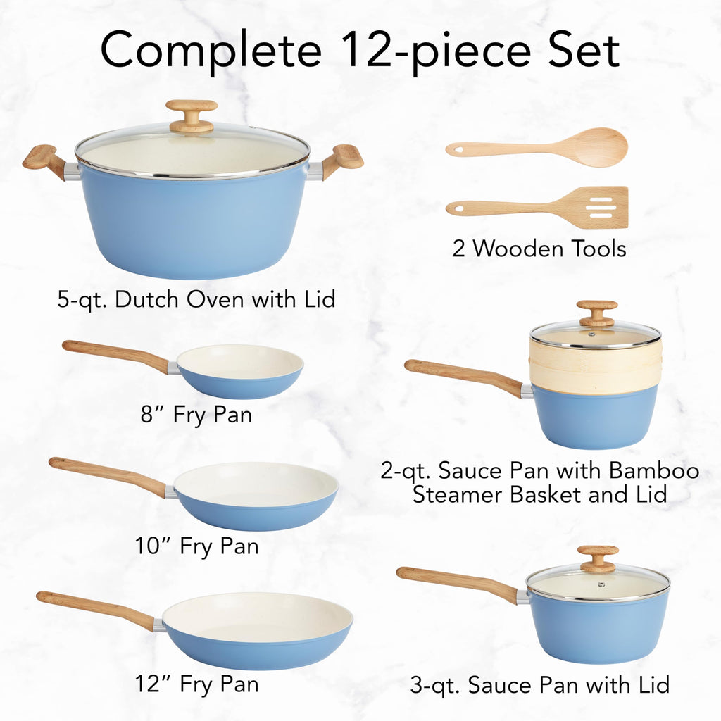 12-Piece Light Blue Ceramic Titanium-Infused Nonstick Cookware Set I883056