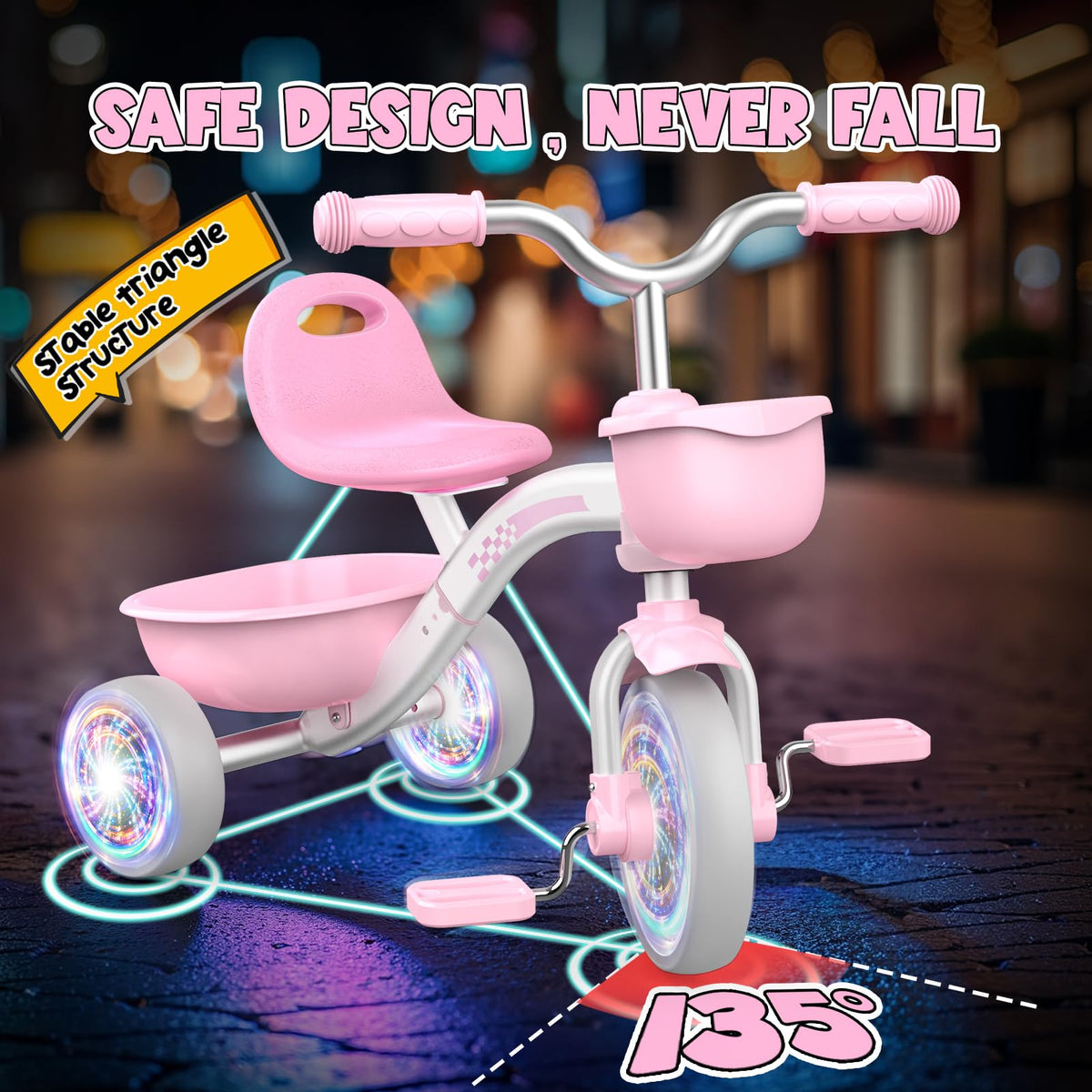 Pink Toddler Tricycle with Adjustable Seat and Light Wheels I535182