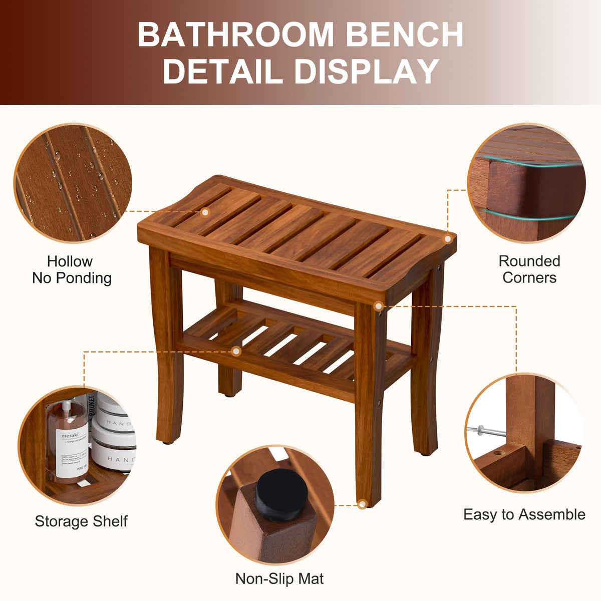 Teak Shower Bench Stool with Storage Shelf D3130