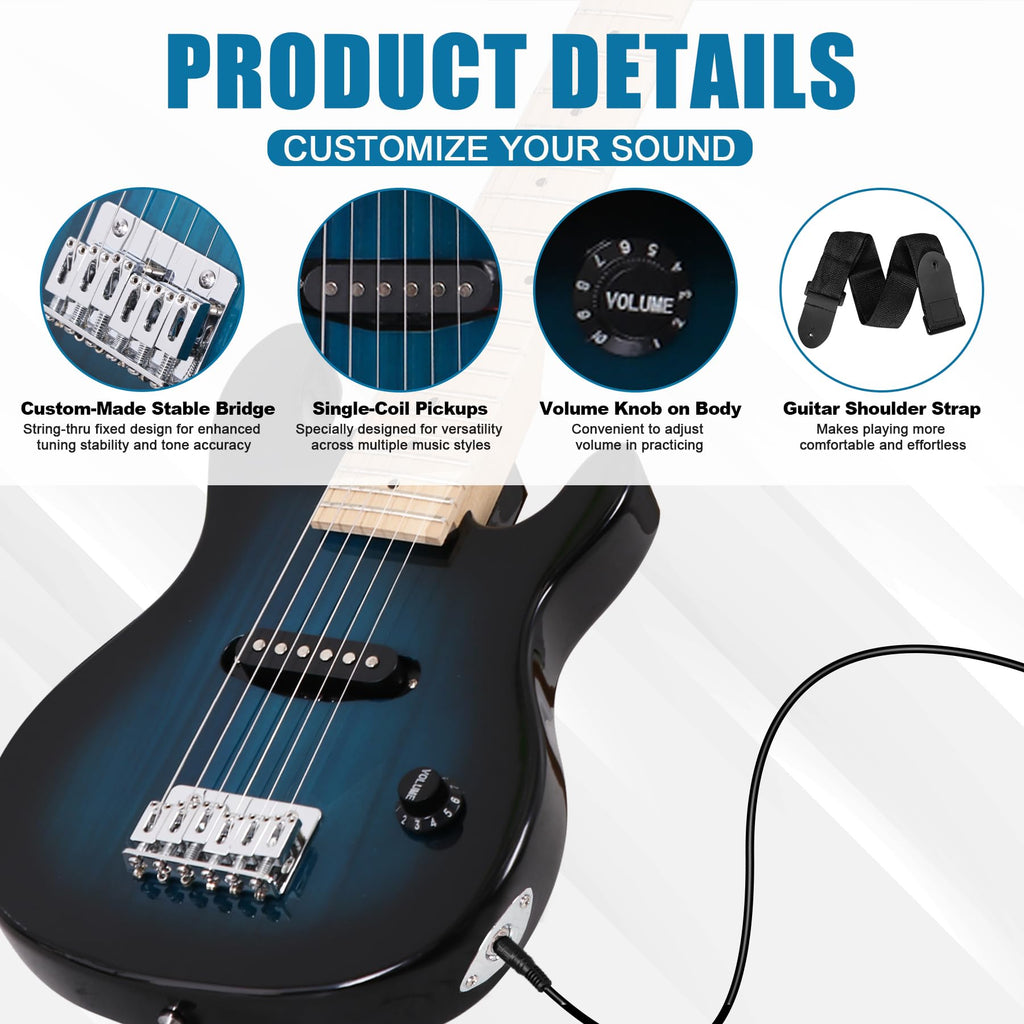30 Inch Blue Solid Wood Electric Guitar Starter Kit with Amplifier N960
