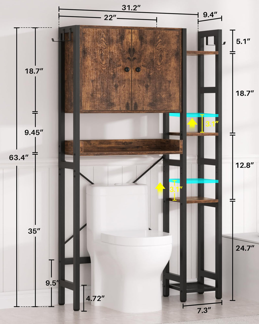 Over The Toilet Storage Cabinet with Doors, 7 Tier Bathroom Organizer with Adjustable Shelf V180155