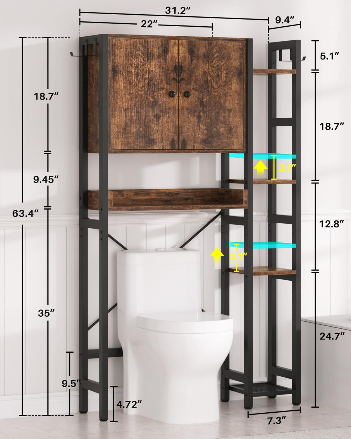 Over The Toilet Storage Cabinet with Doors, 7 Tier Bathroom Organizer with Adjustable Shelf V180155