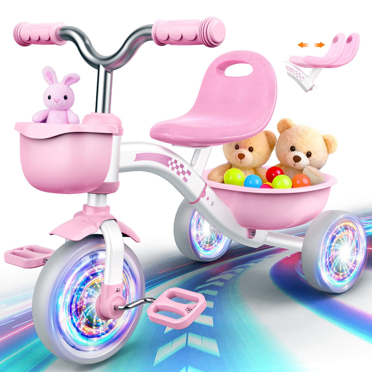 Pink Toddler Tricycle with Adjustable Seat and Light Wheels I535182