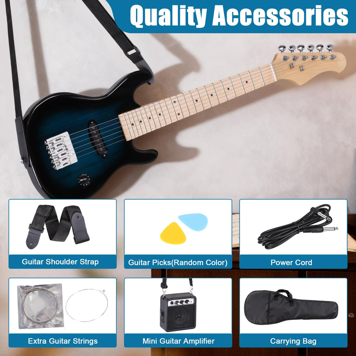 30 Inch Blue Solid Wood Electric Guitar Starter Kit with Amplifier N960
