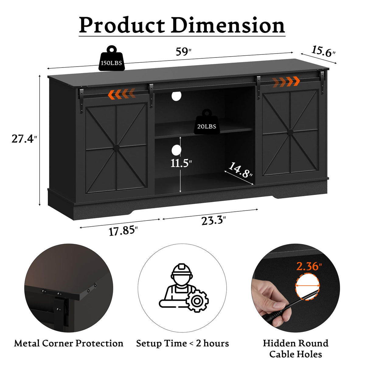 Black TV Stand with Sliding Barn Doors S272