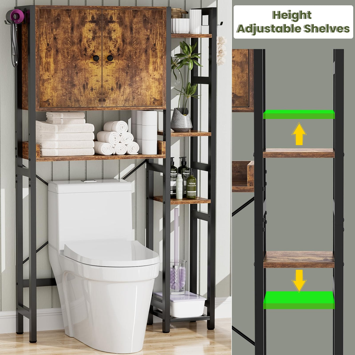 Over The Toilet Storage Cabinet with Doors, 7 Tier Bathroom Organizer with Adjustable Shelf V180155