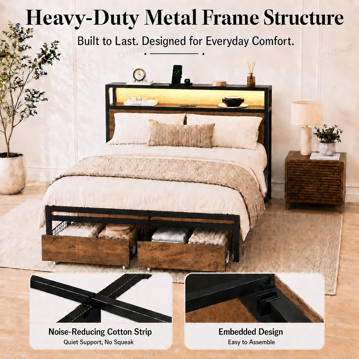 Full Size Bed Frame with Storage Drawers, Headboard, LED Light, Charging Station A200