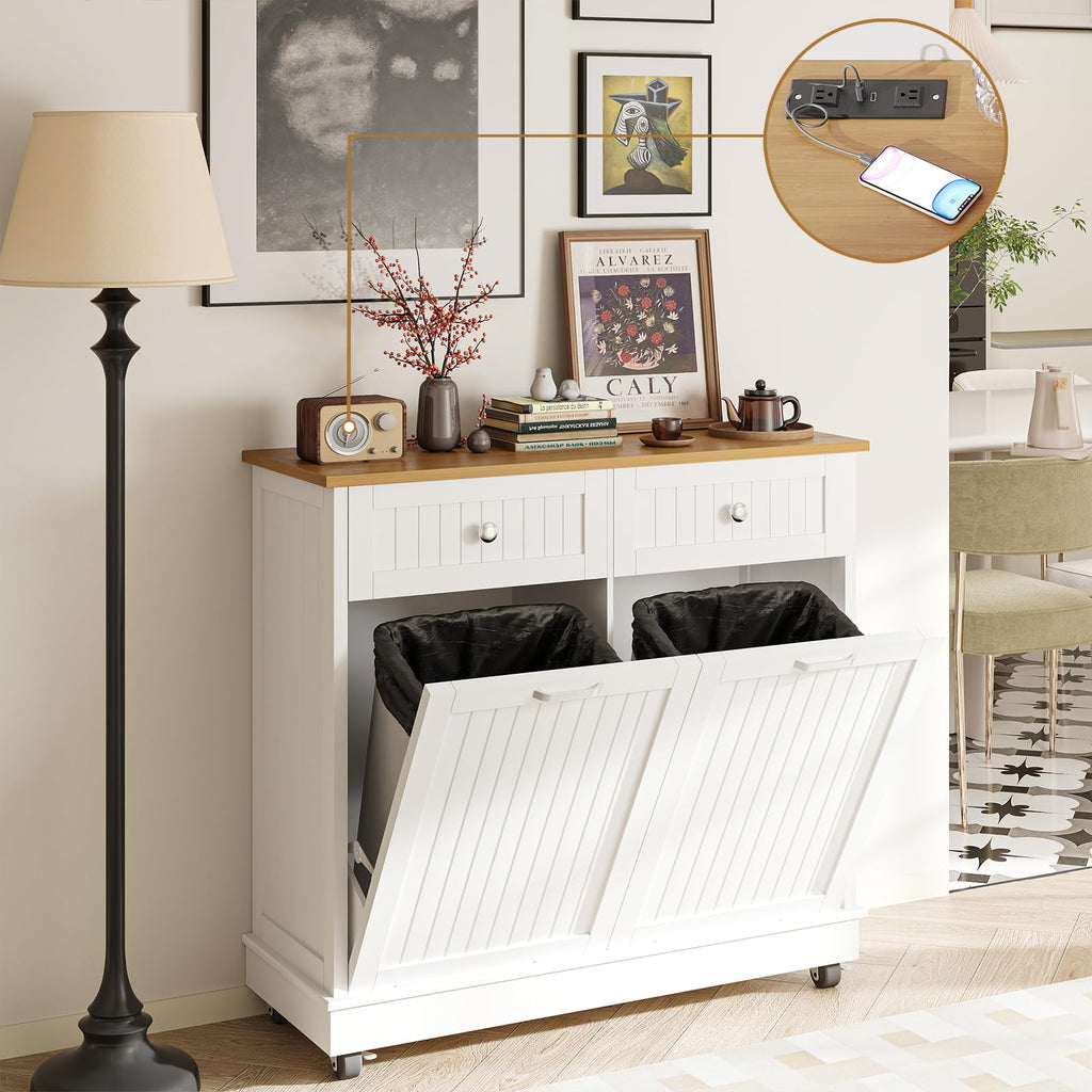 20 Gallon Wooden Tilt-Out Trash Can Cabinet with 2 Drawers, White H7314