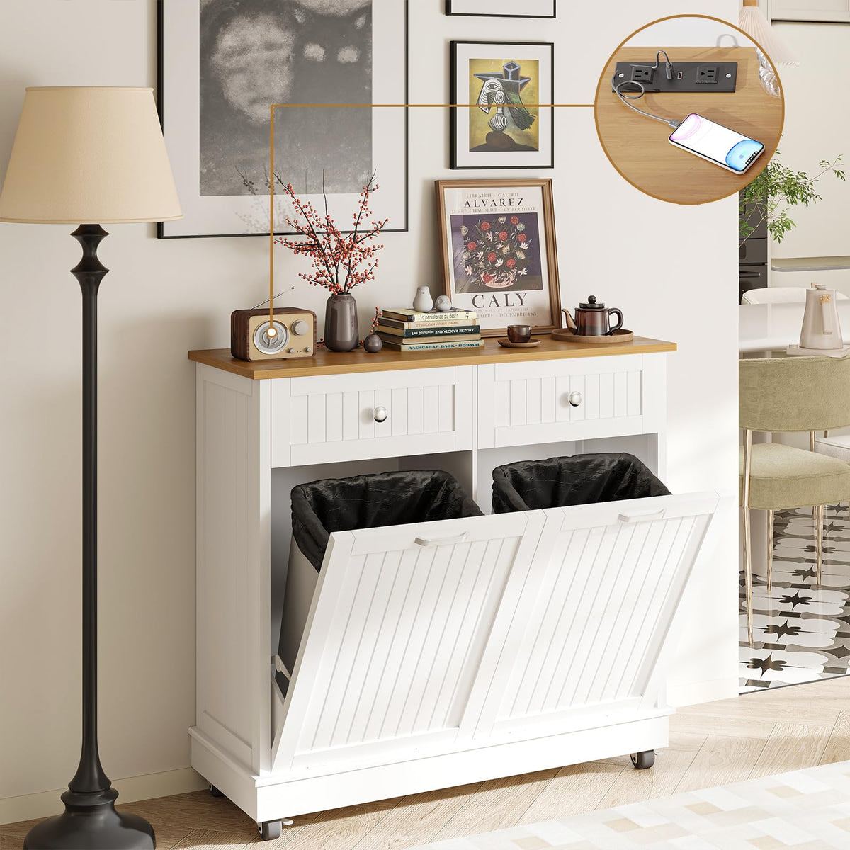 20 Gallon Wooden Tilt-Out Trash Can Cabinet with 2 Drawers, White H7314