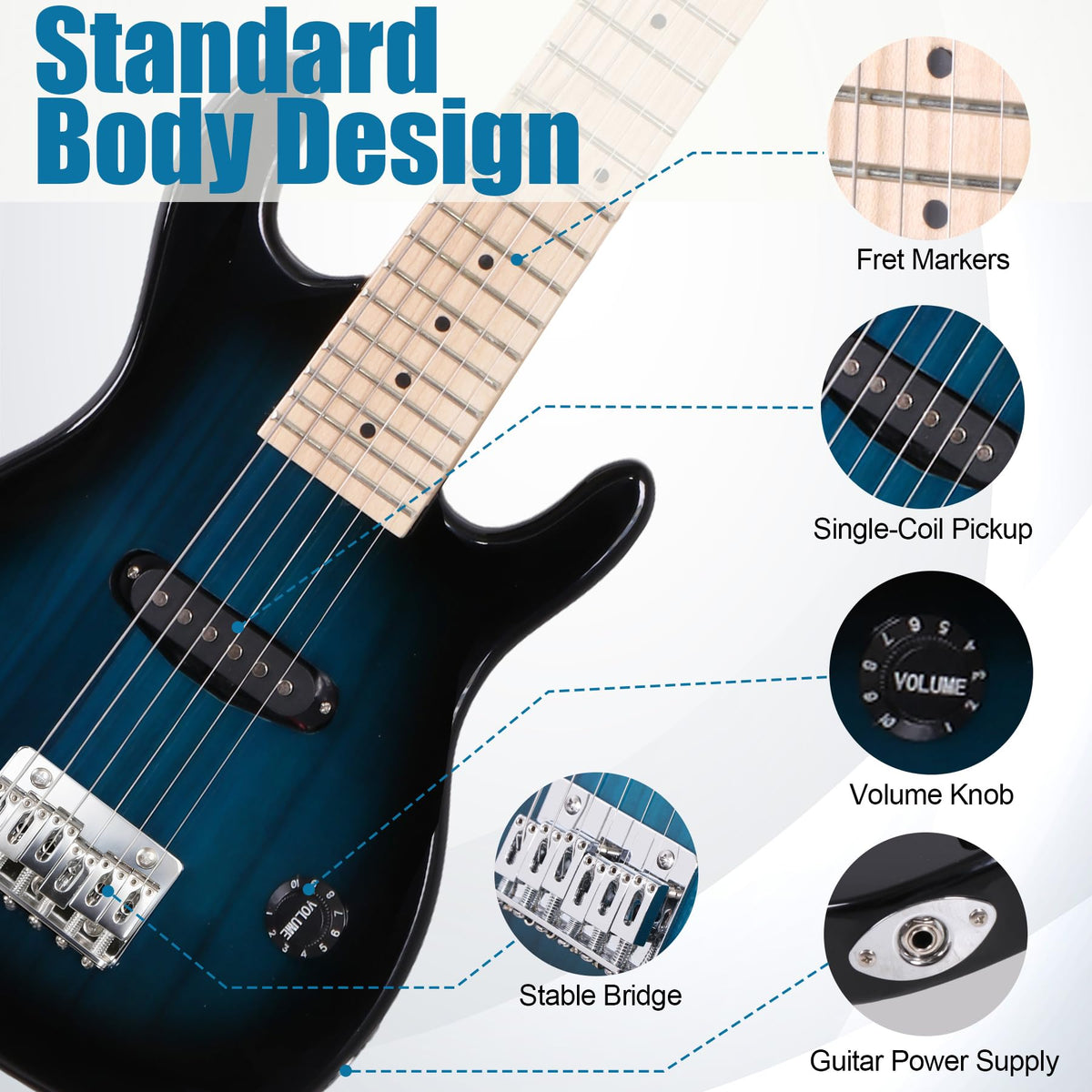 30 Inch Blue Solid Wood Electric Guitar Starter Kit with Amplifier N960