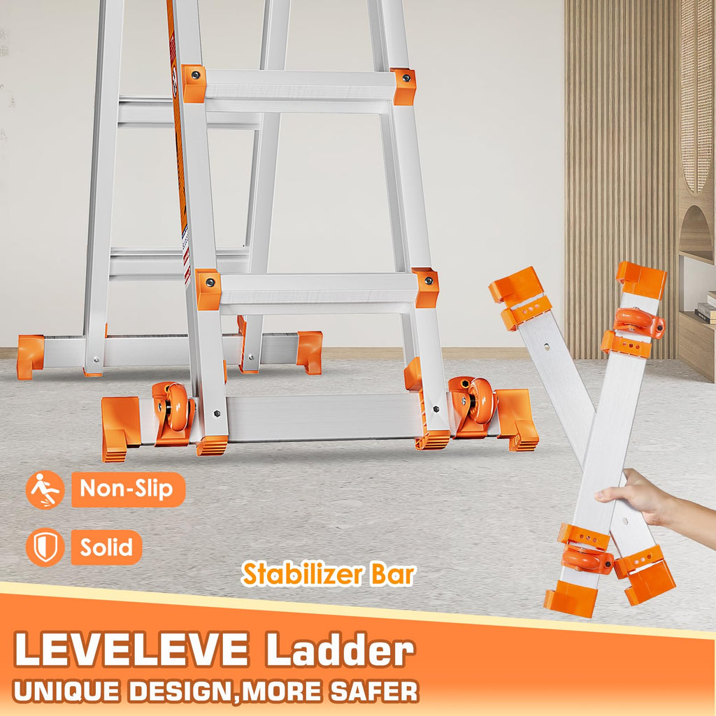 Telescoping A Frame Ladder, 17FT Multi Position Ladder with Stabilizer Bar & Wheels W3794