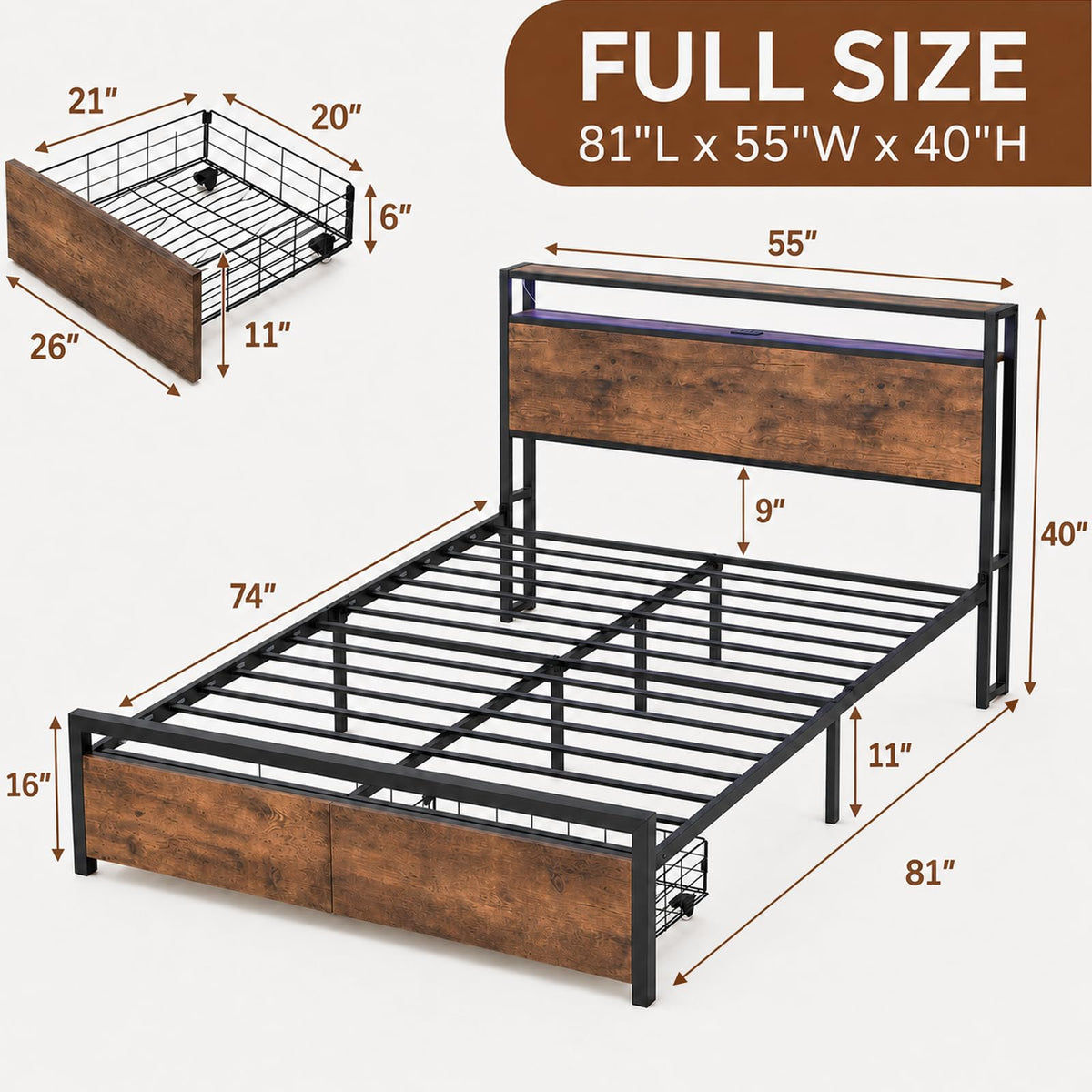 Full Size Bed Frame with Storage Drawers, Headboard, LED Light, Charging Station A200