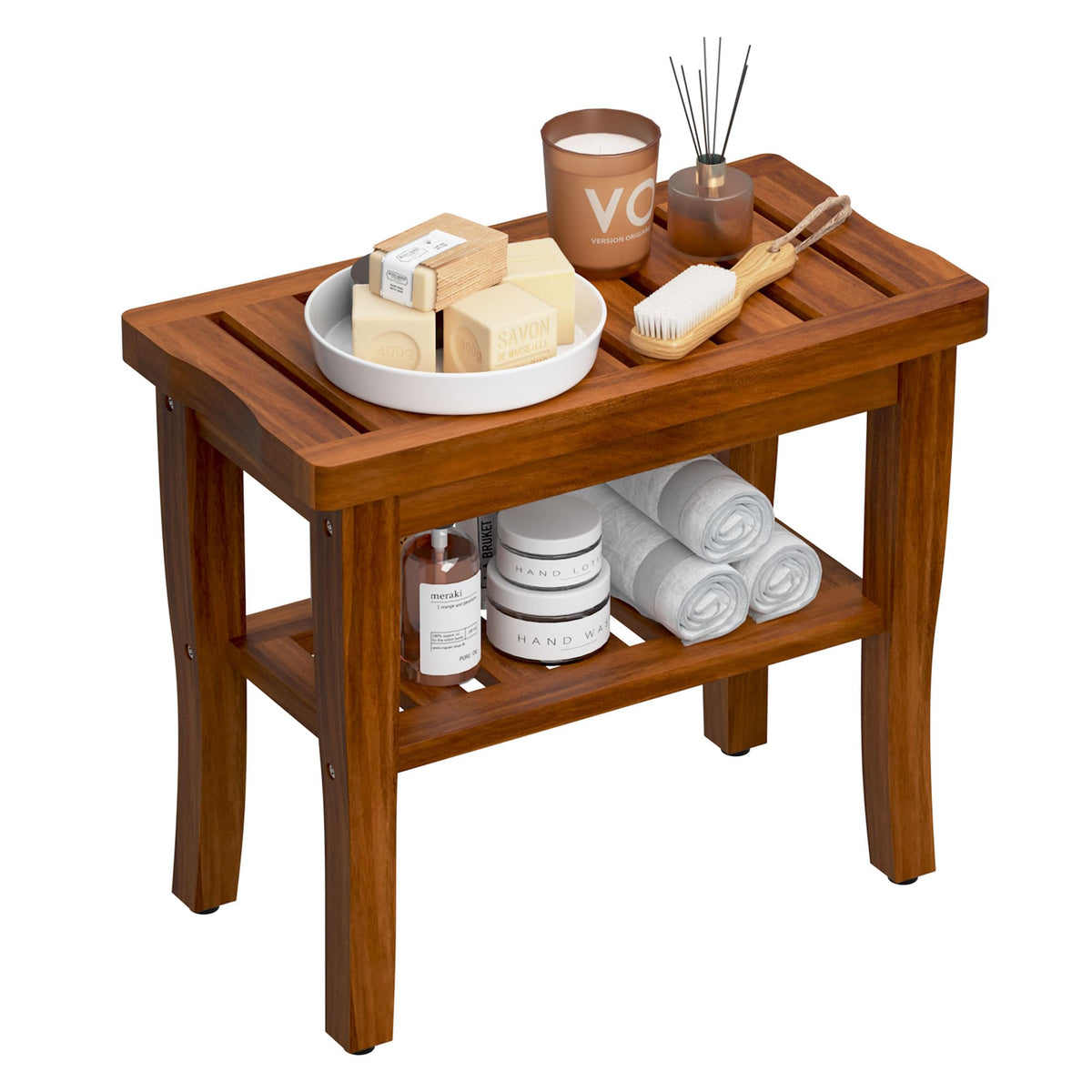 Teak Shower Bench Stool with Storage Shelf D3130