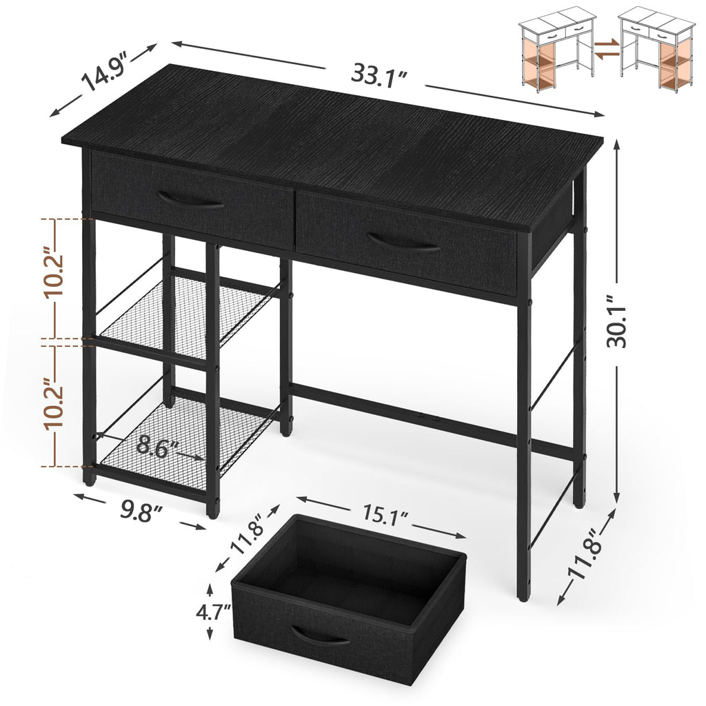 Black Small Writing Desk with 2 Drawers and Storage Shelf M447