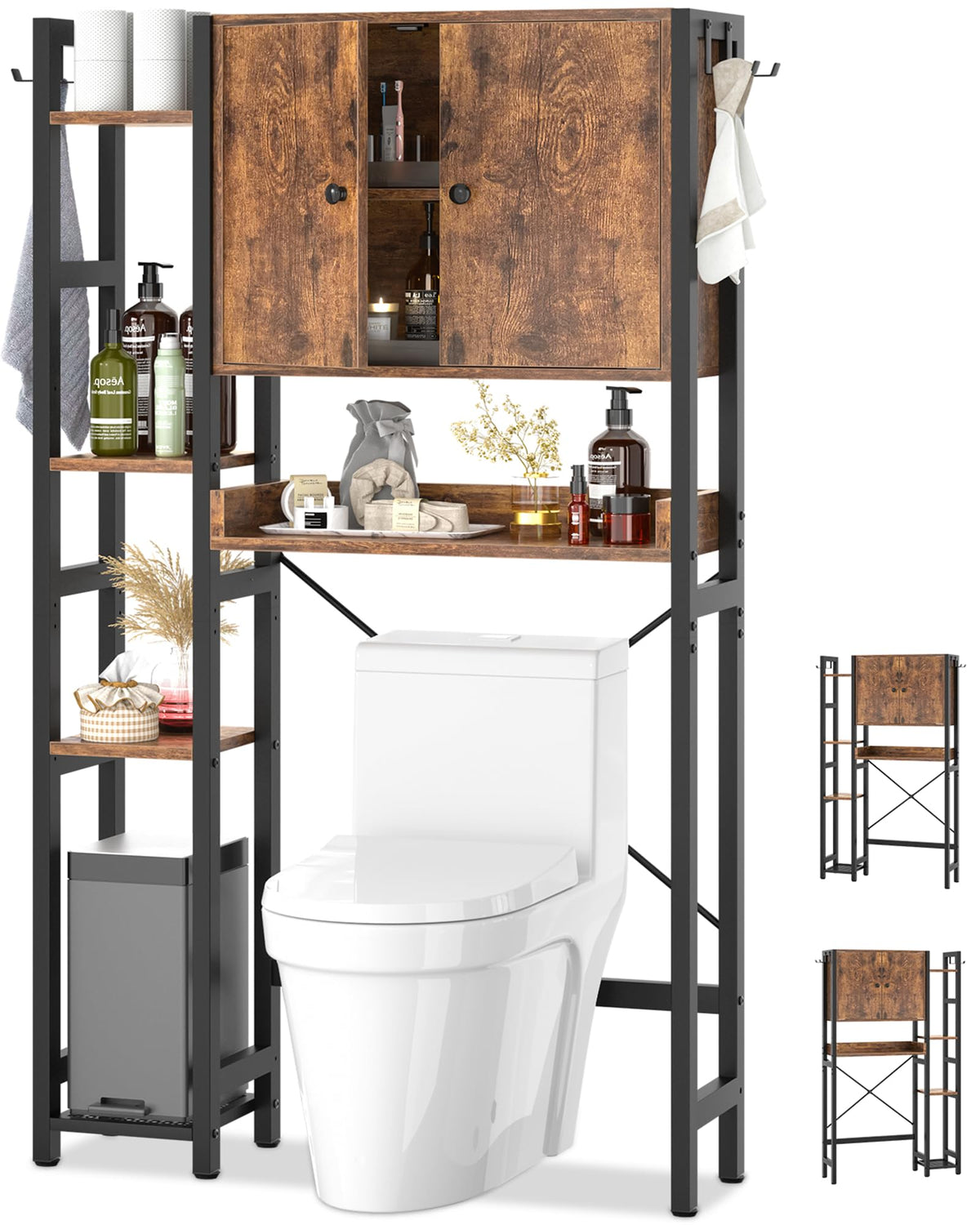 Over The Toilet Storage Cabinet with Doors, 7 Tier Bathroom Organizer with Adjustable Shelf V180155