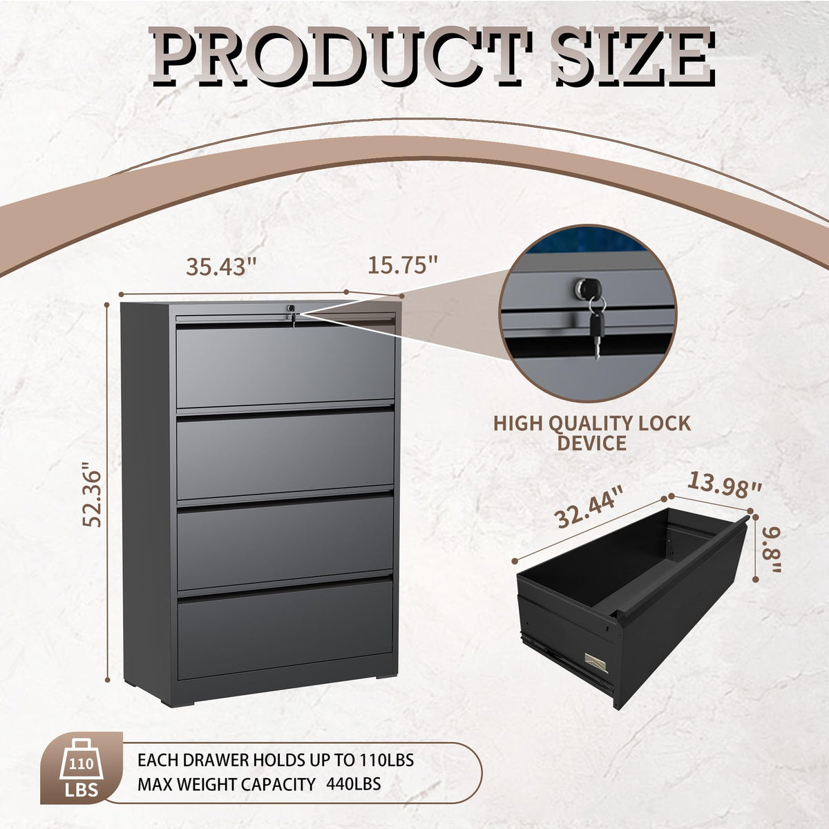 Black 4 Drawer Lateral File Cabinet with Lock F95266