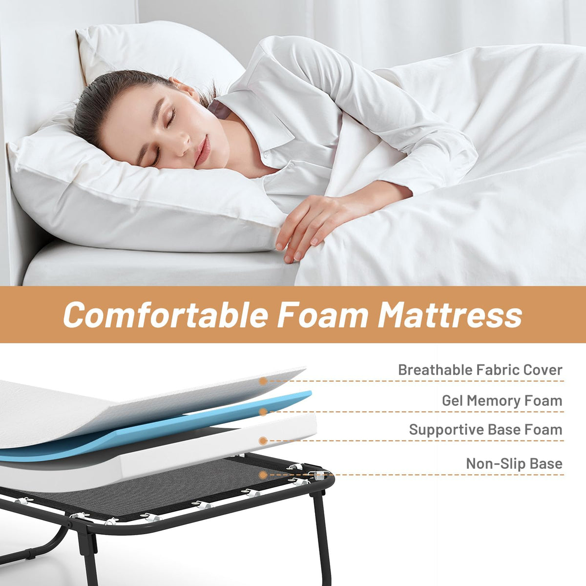 Folding Bed with Mattress Cot Size 75” x 31” Memory Foam Metal Frame V401