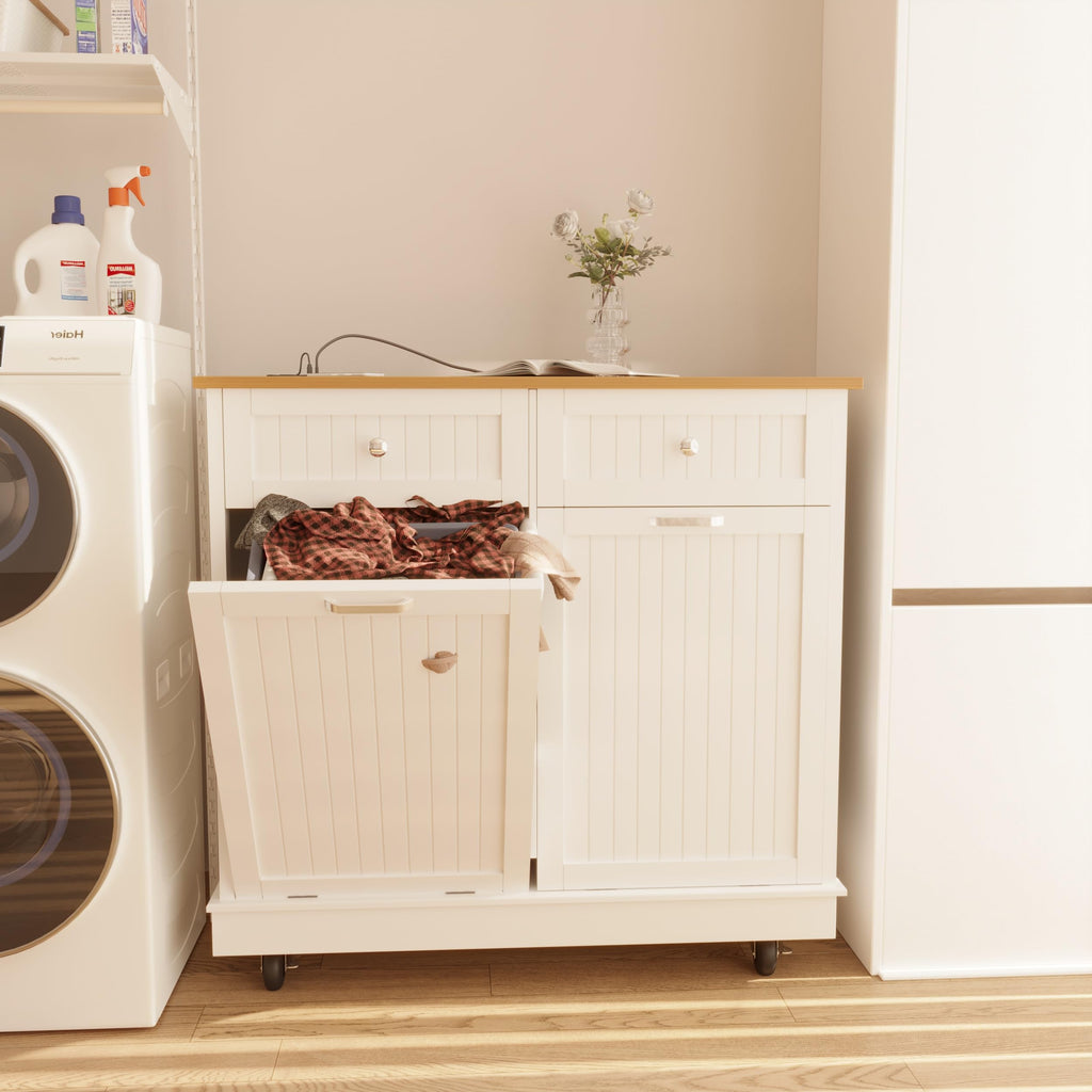 20 Gallon Wooden Tilt-Out Trash Can Cabinet with 2 Drawers, White H7314
