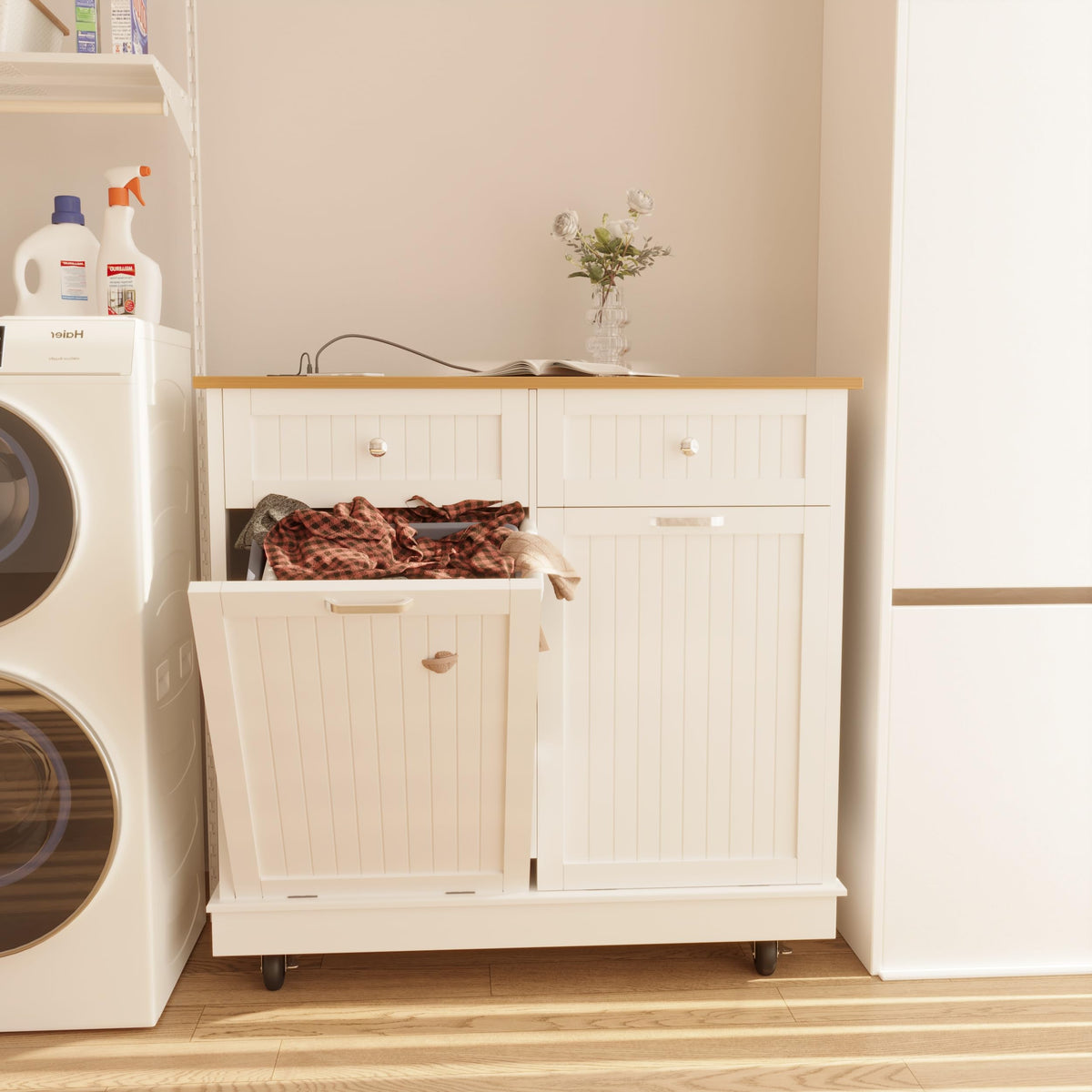 20 Gallon Wooden Tilt-Out Trash Can Cabinet with 2 Drawers, White H7314