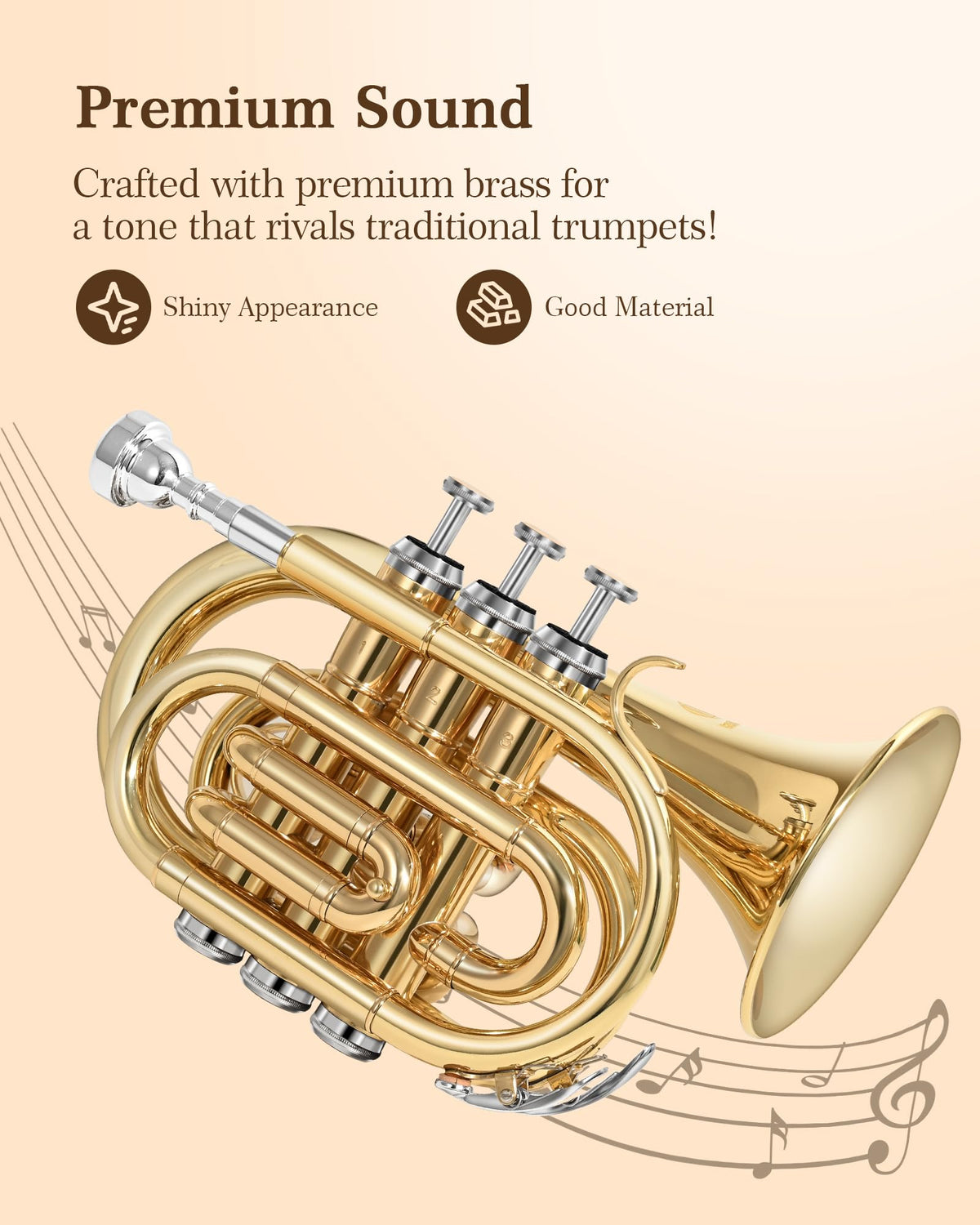 B Flat Brass Pocket Trumpet with 7C Mouthpiece and Hard Case N927