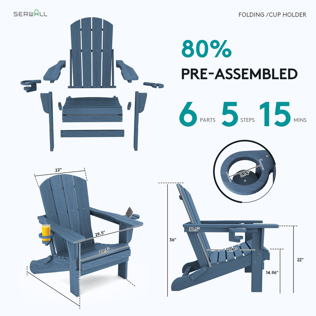 Blue Foldable Adirondack Chair Set of 2 with Cup Holders F591