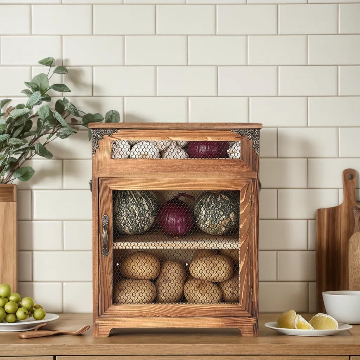 Potato and Onion Storage Bin Wooden Storage Box C676