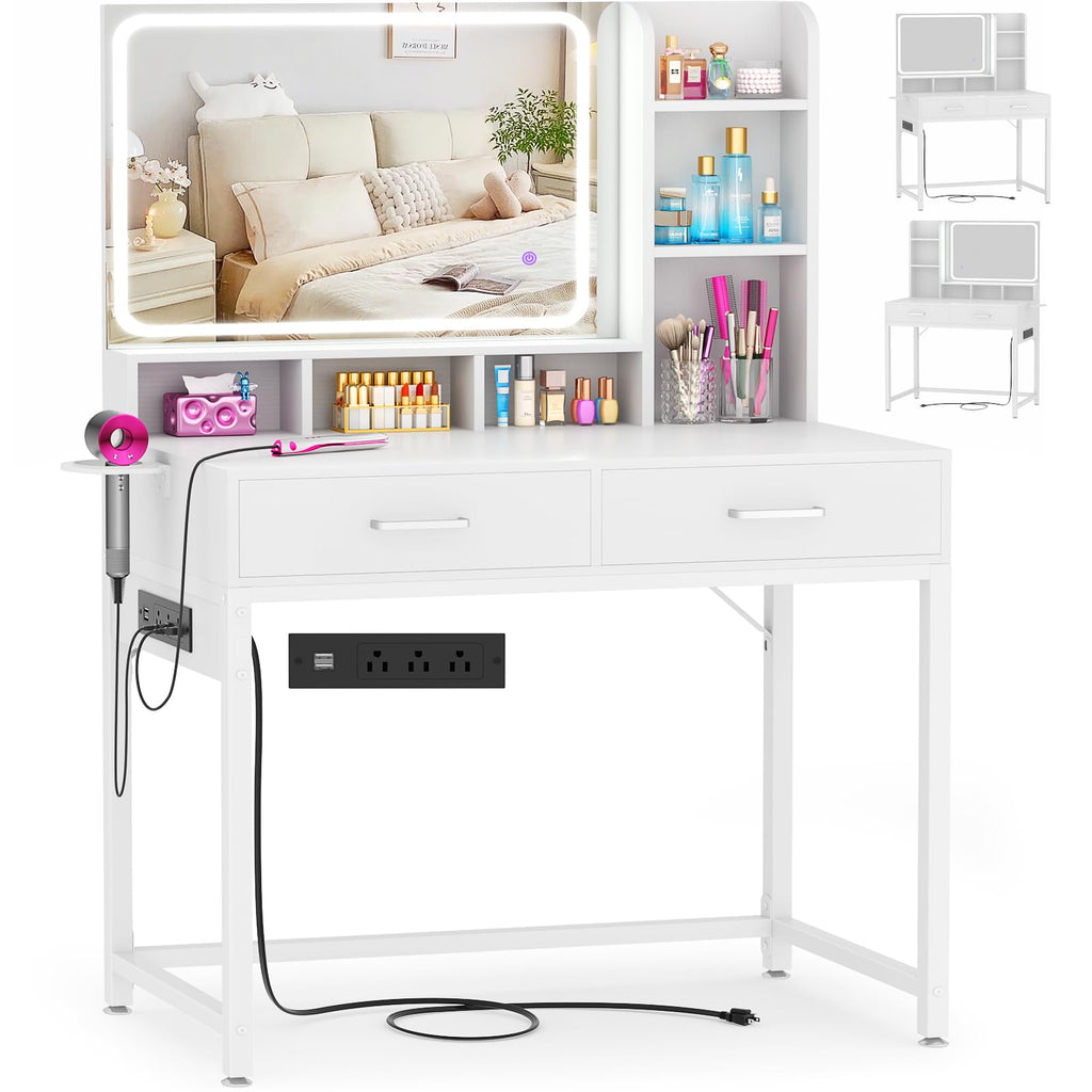 White Vanity Desk with Mirror and Drawers N78345