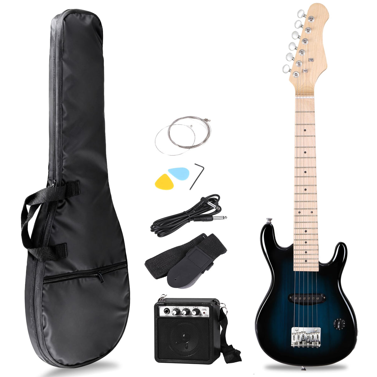 30 Inch Blue Solid Wood Electric Guitar Starter Kit with Amplifier N960