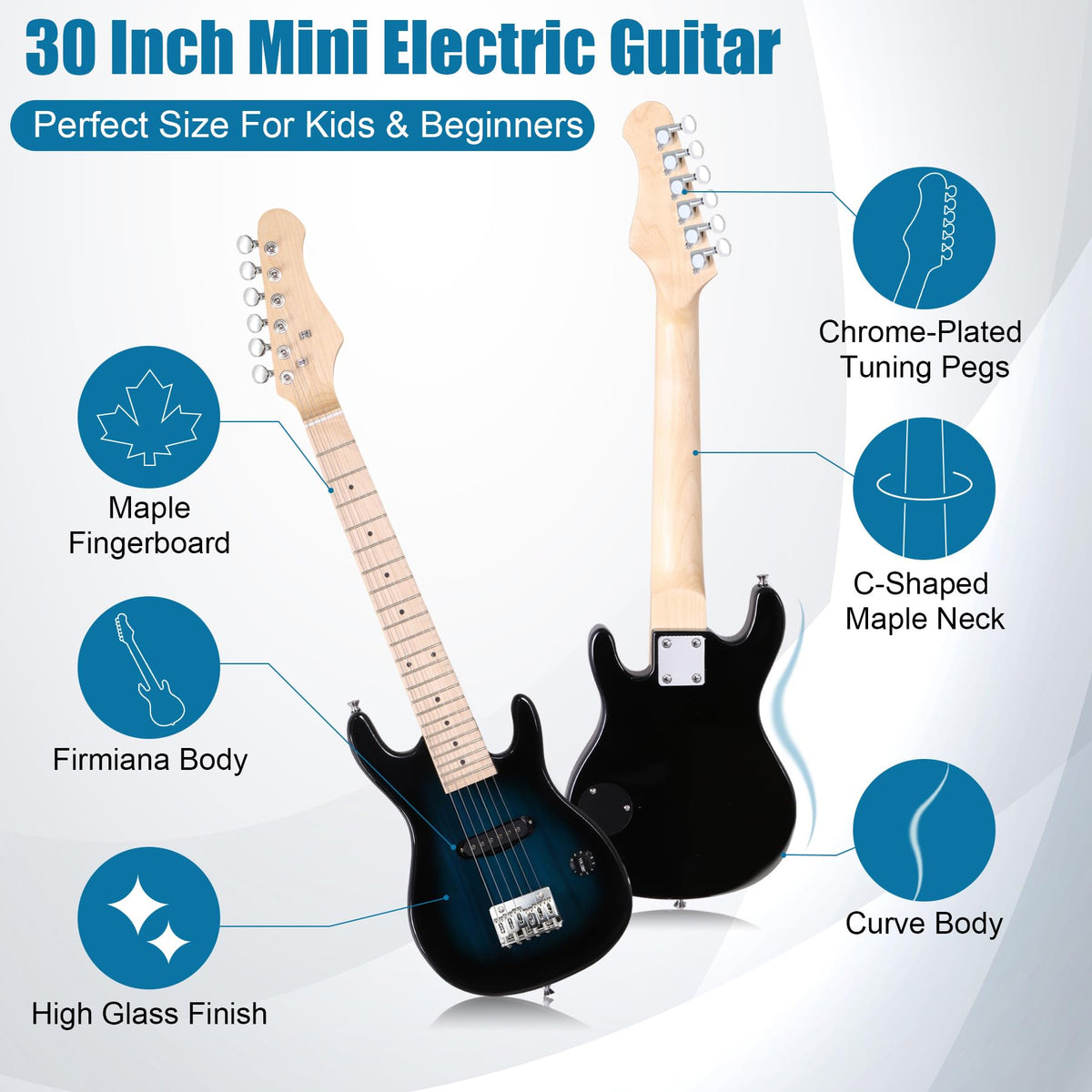 30 Inch Blue Solid Wood Electric Guitar Starter Kit with Amplifier N960