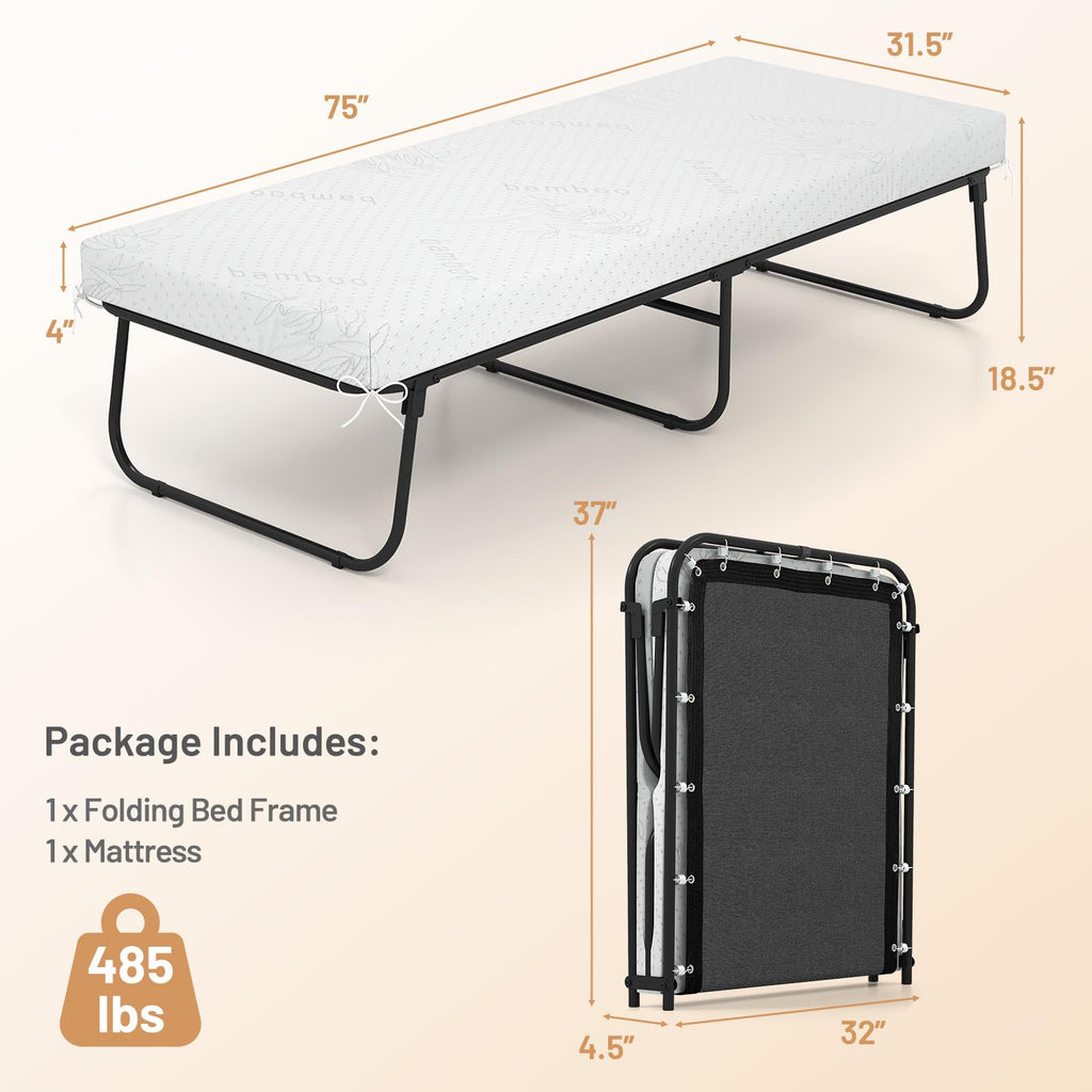 Folding Bed with Mattress Cot Size 75” x 31” Memory Foam Metal Frame V401