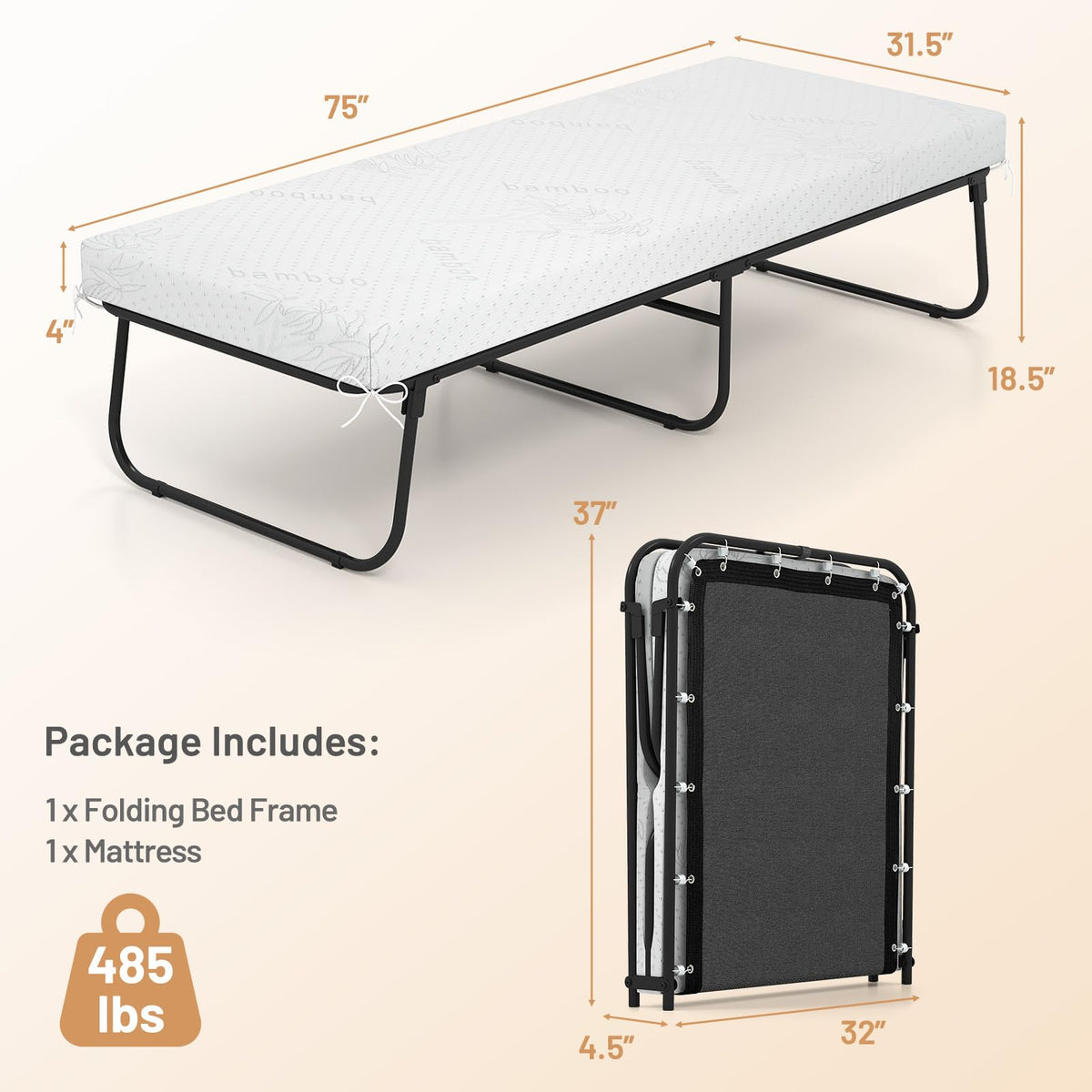 Folding Bed with Mattress Cot Size 75” x 31” Memory Foam Metal Frame V401